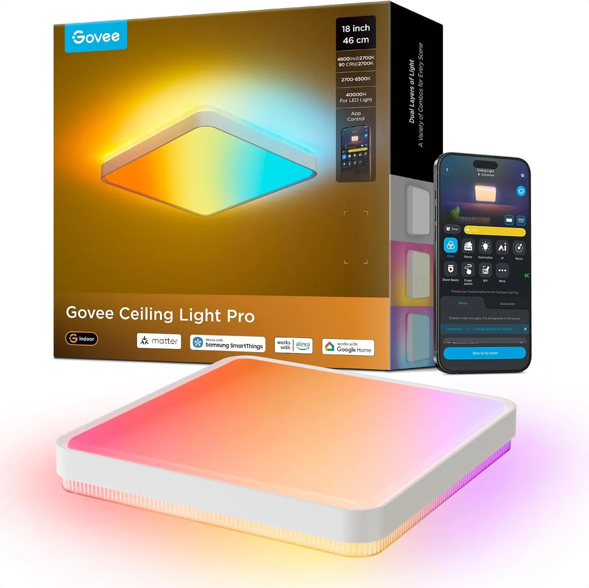 Govee Smart Ceiling Light, RGBWW and RGBIC 2400LM 12 Inch, Square 1 Pack