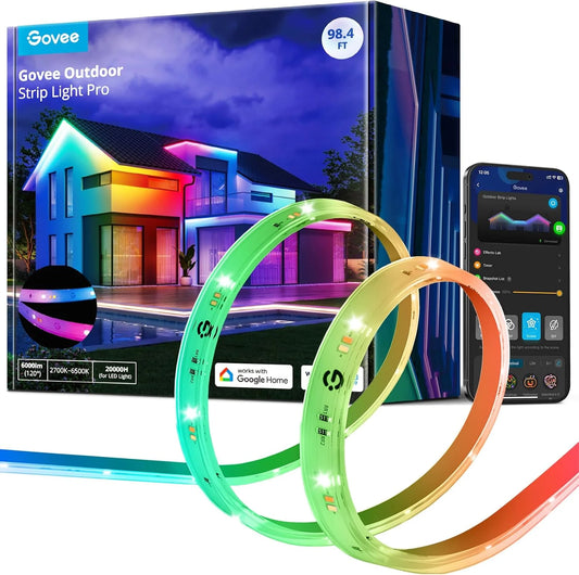 Govee Outdoor LED Strip Lights RGBIC with Warm and Cold White, 98.4ft 2.4G WiFi Smart Outdoor Lights, IP65 Waterproof, Work with Alexa and Google Assistant, App Control, for Porch, Patio, Eave, Party
