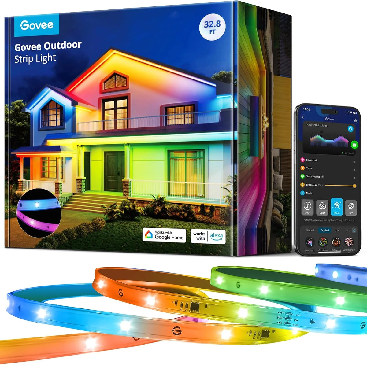 Govee Outdoor LED Strip Lights, 65.6ft Smart Led Strip Lights Work with Alexa and Google Assistant, App Control, IP65 Waterproof, RGBIC Outdoor Lights for Patio, Eave, Patio Decorations