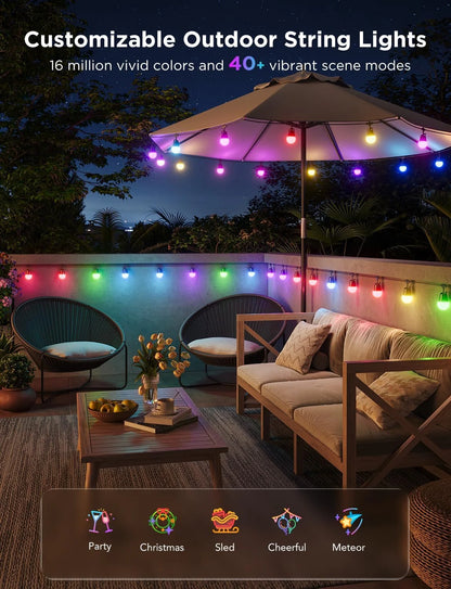 Govee Smart Outdoor String Lights 2, 48ft RGBIC Patio Lights with 15 Bulbs