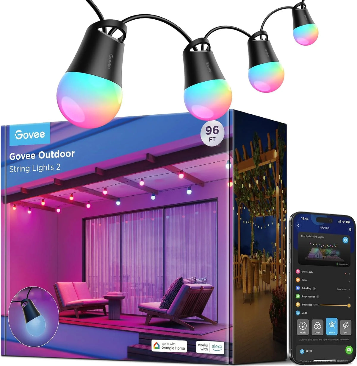 Govee Smart Outdoor String Lights 2, 48ft RGBIC Patio Lights with 15 Bulbs