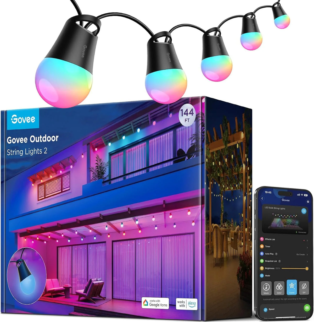 Govee Smart Outdoor String Lights 2, 48ft RGBIC Patio Lights with 15 Bulbs