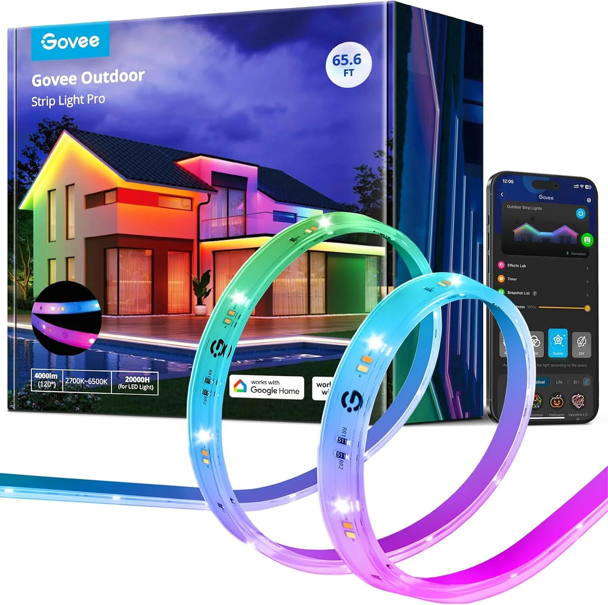 Govee Outdoor LED Strip Lights RGBIC with Warm and Cold White, 98.4ft 2.4G WiFi Smart Outdoor Lights, IP65 Waterproof, Work with Alexa and Google Assistant, App Control, for Porch, Patio, Eave, Party