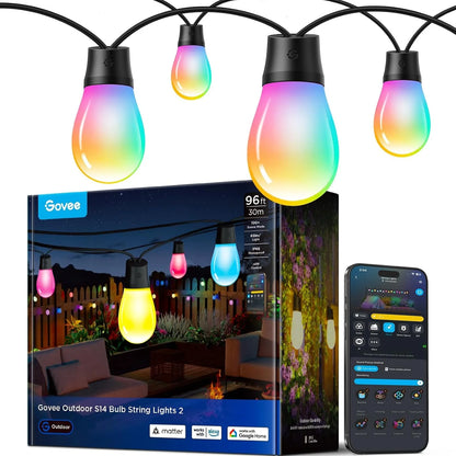 Govee S14 Bulb Outdoor String Lights 2, 144ft RGBICWW, 45 LED Bulbs, IP66