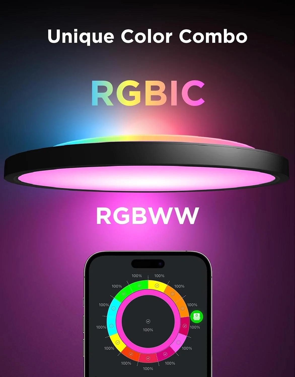 Govee Smart Ceiling Light, RGBIC 2400LM 2700K-6500K 12 Inch 1 Pack Black