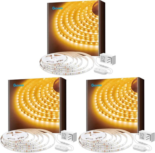 Govee Warm White LED Strip Lights, Bright 300 LEDs, 3000K Dimmable Light Strip 16.4ft with Control Box, LED Lights for Bedroom, Kitchen Cabinets, Living Room, ETL Listed Adapter Included (Pack of 3)