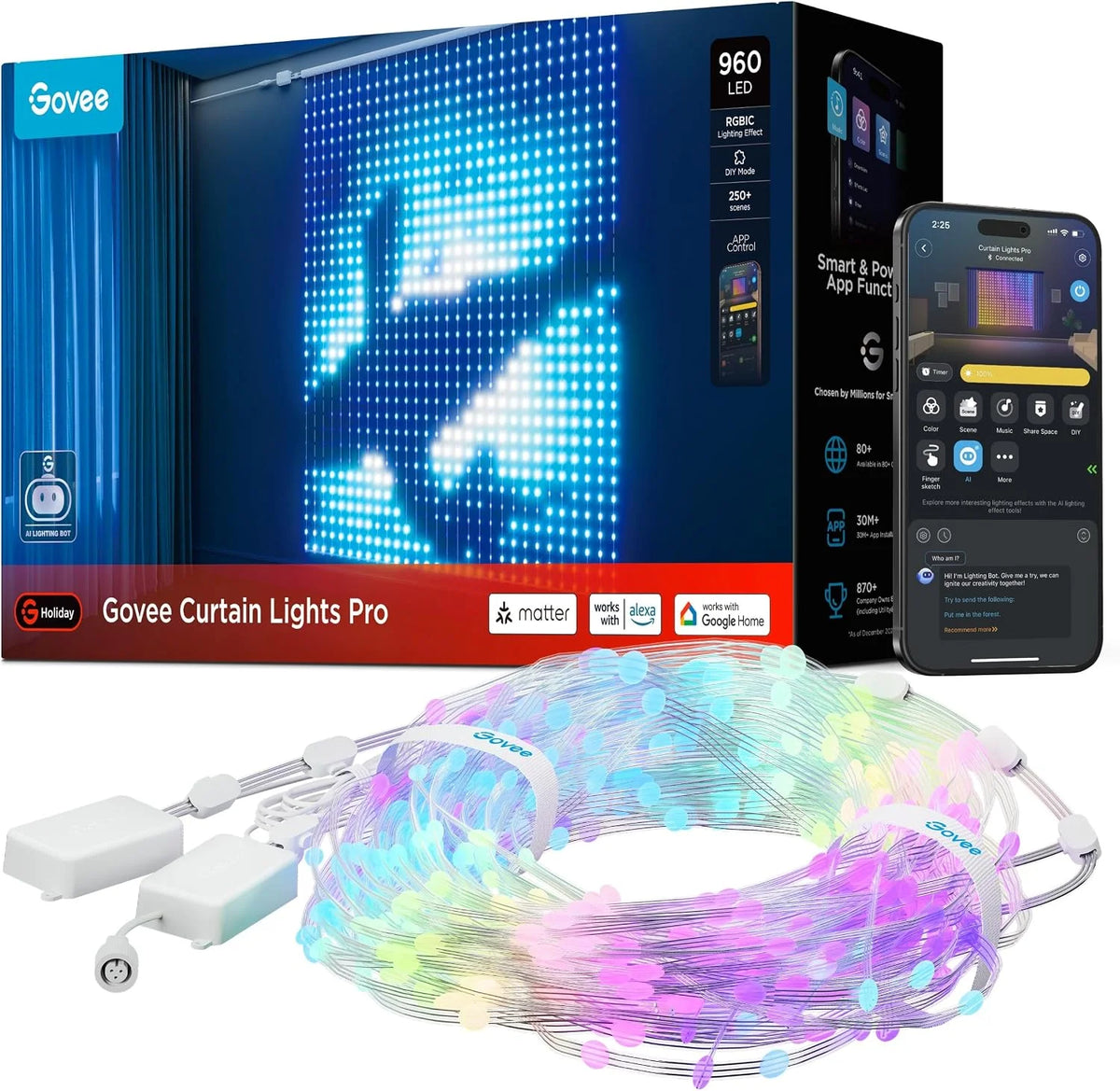 Govee Smart Curtain Lights Pro, 960 LEDs, 5.4×5.7ft for Holiday Decor (Pack of 2)