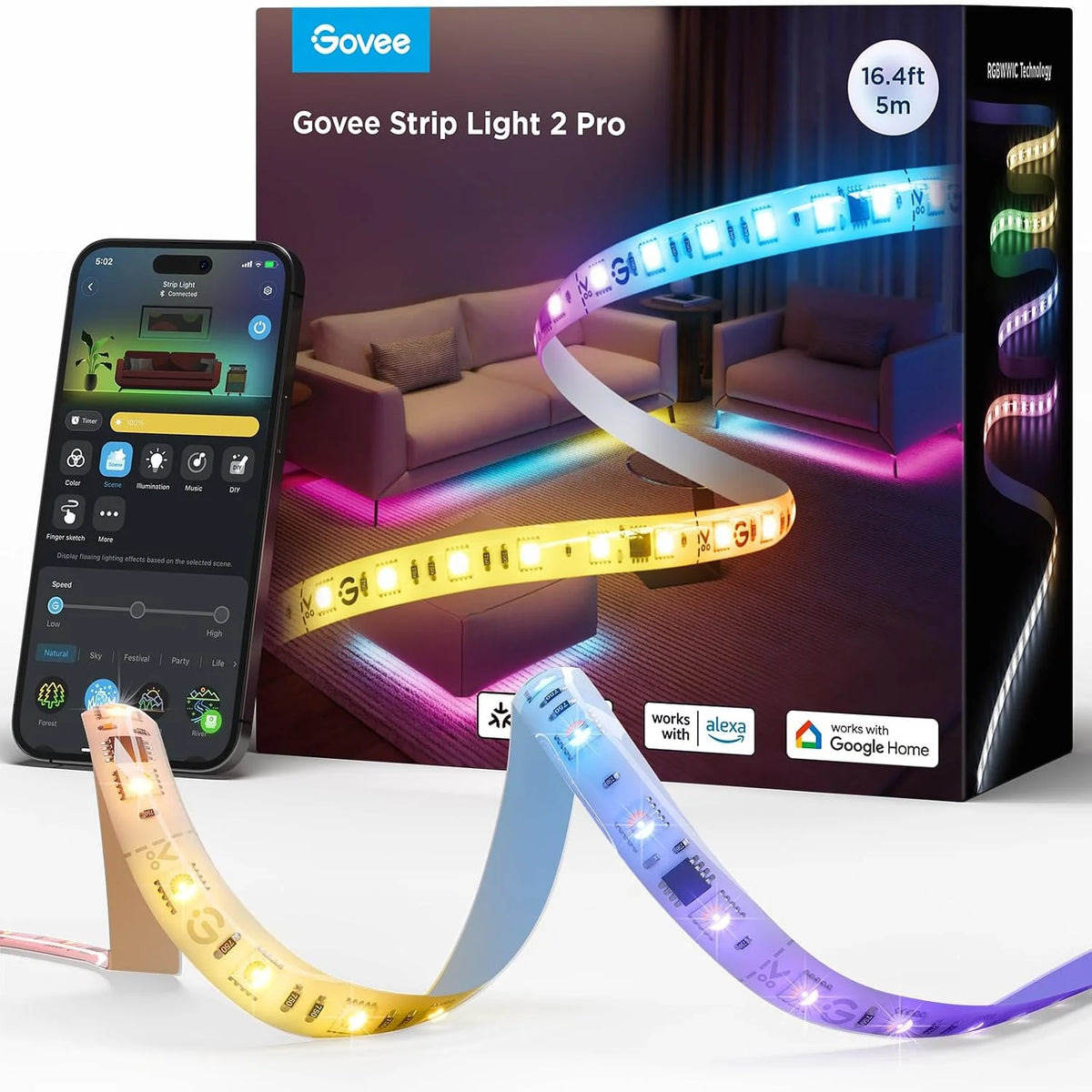 Govee RGBWWIC LED Strip Light 2 Pro 6.56ft, Smart Control, APP, WiFi