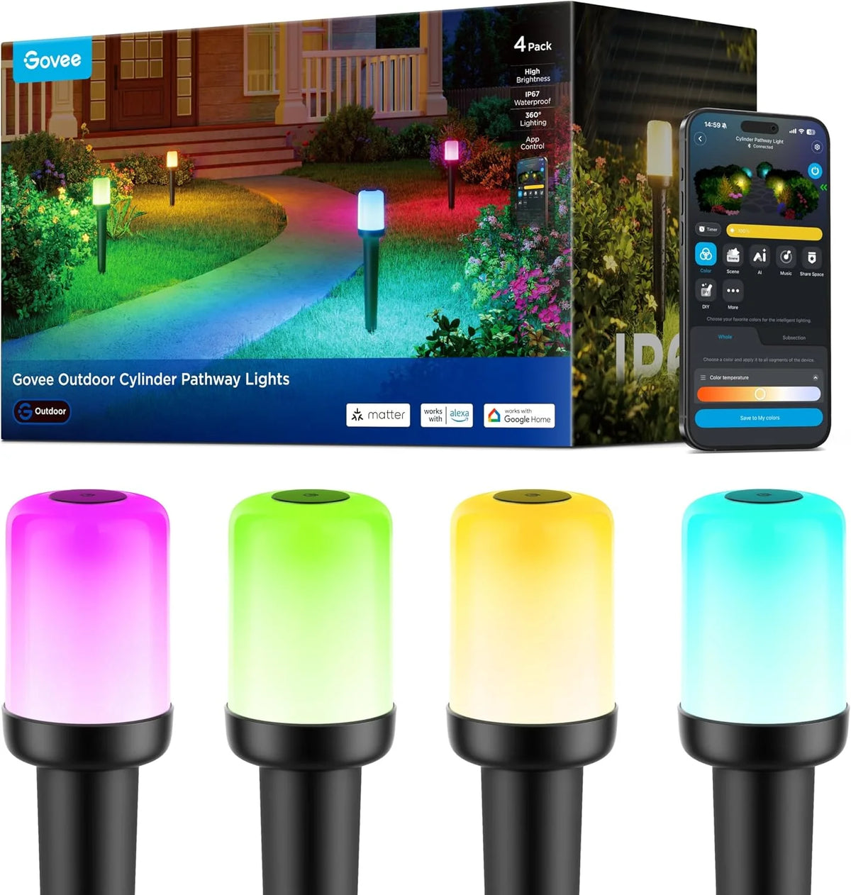 Govee Outdoor Cylinder Pathway Lights, 8 Pack, 425 Lumens, IP67 Waterproof