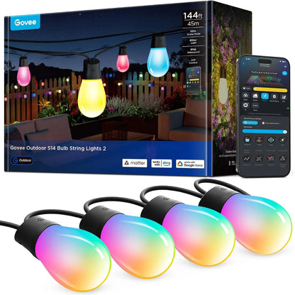 Govee S14 Bulb Outdoor String Lights 2, 144ft RGBICWW, 45 LED Bulbs, IP66