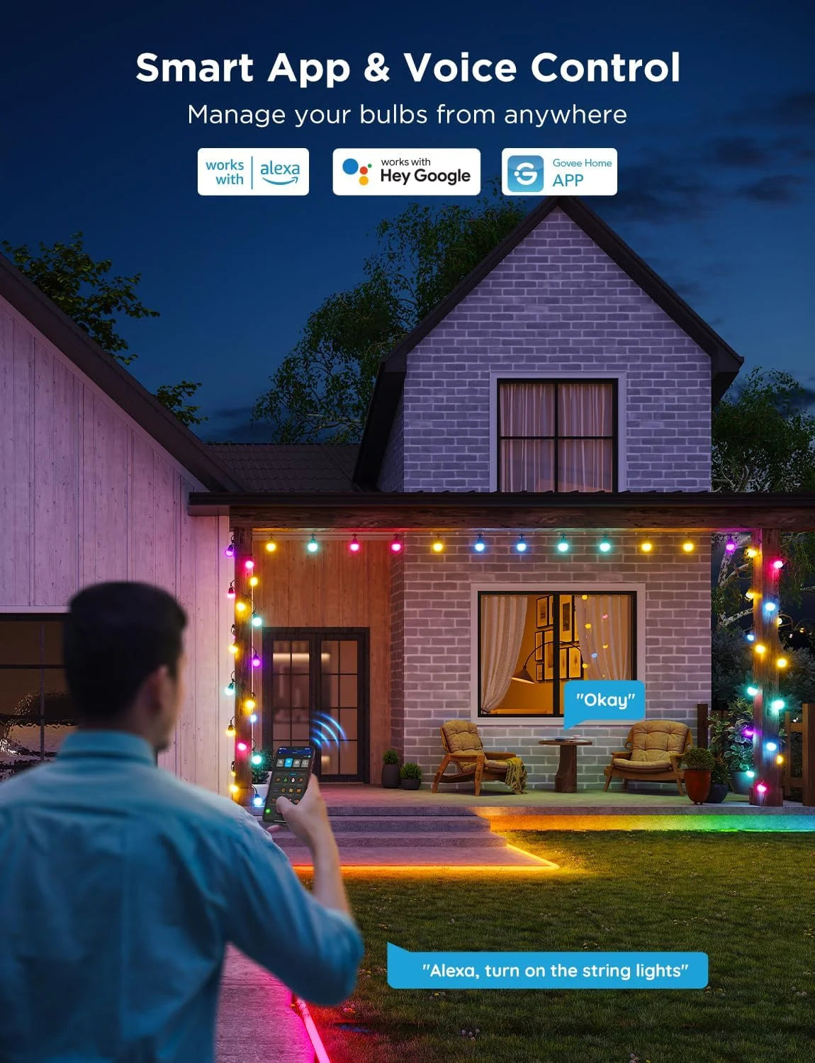 Govee Smart Outdoor String Lights 2, 48ft RGBIC Patio Lights with 15 Bulbs