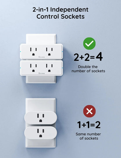 Govee Dual Smart Plug 2 Pack, 15A WiFi Bluetooth Outlet, 2-in-1 Design