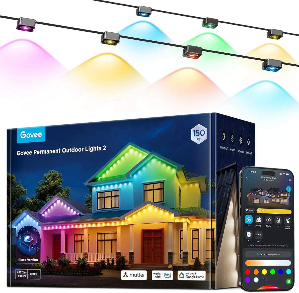 Govee Permanent Outdoor Lights 2, 100ft RGBIC Outdoor Lights with 100 Modes
