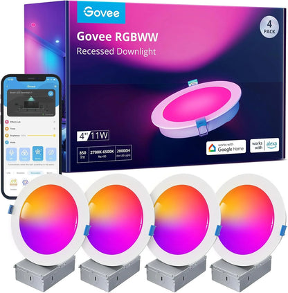 Govee Smart Recessed Lighting 4 Inch, LED Downlight 800 Lumen, 4 Pack