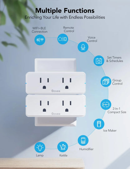 Govee Dual Smart Plug 2 Pack, 15A WiFi Bluetooth Outlet, 2-in-1 Design