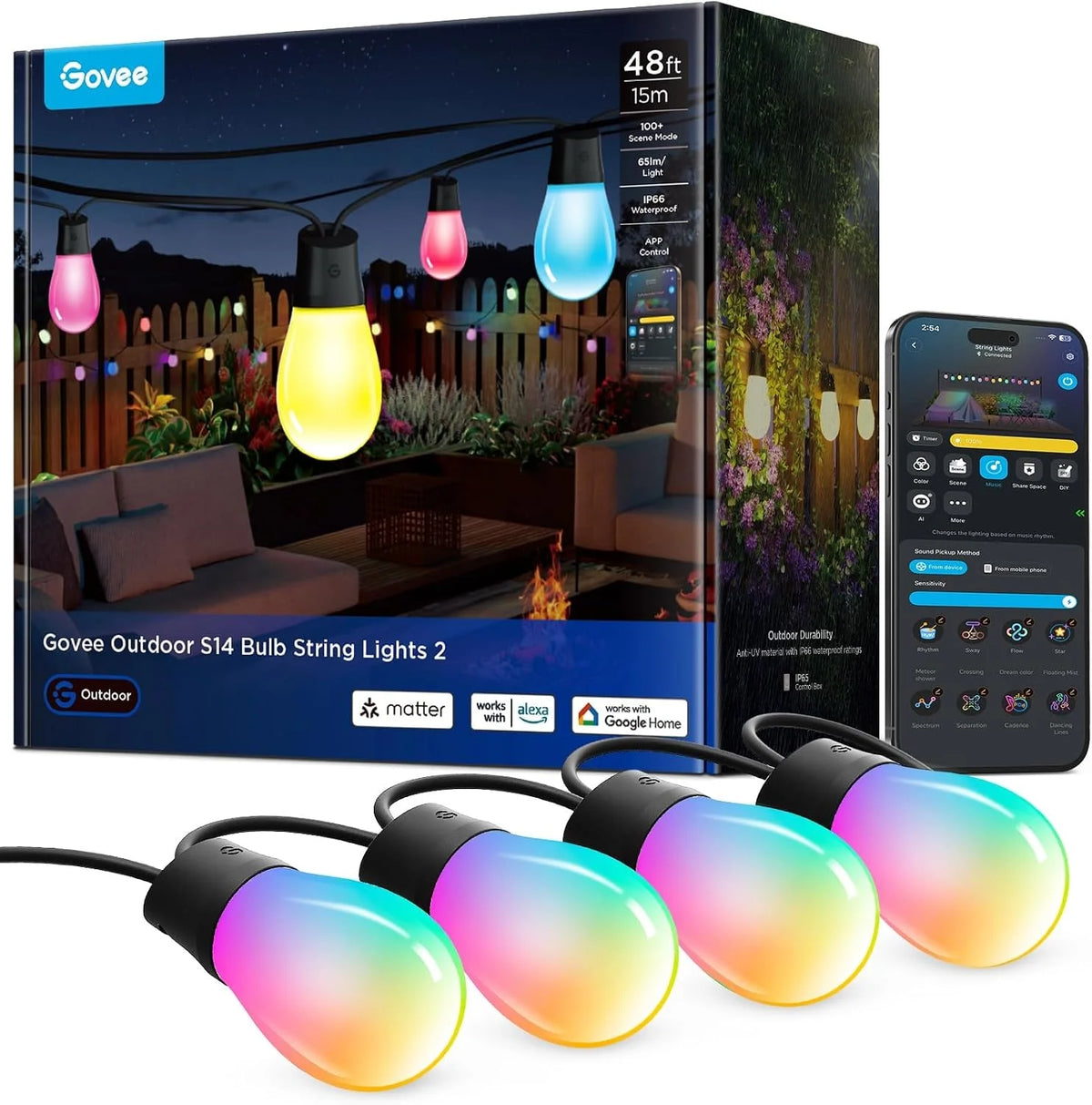 Govee S14 Bulb Outdoor String Lights 2, 144ft RGBICWW, 45 LED Bulbs, IP66