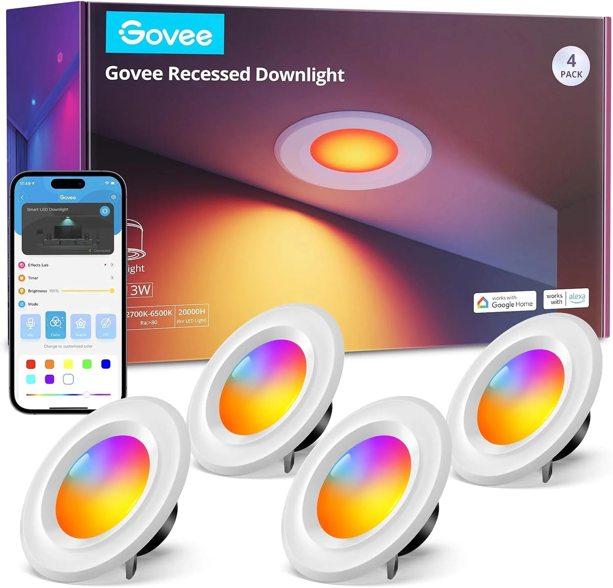 Govee Smart Retrofit Recessed Lighting 6 Inch, Wi-Fi Bluetooth Direct Connect RGBWW Retrofit Can Lights, 65 Scene Modes, Works with Alexa & Google Assistant, 1000 Lumens, 6 Pack