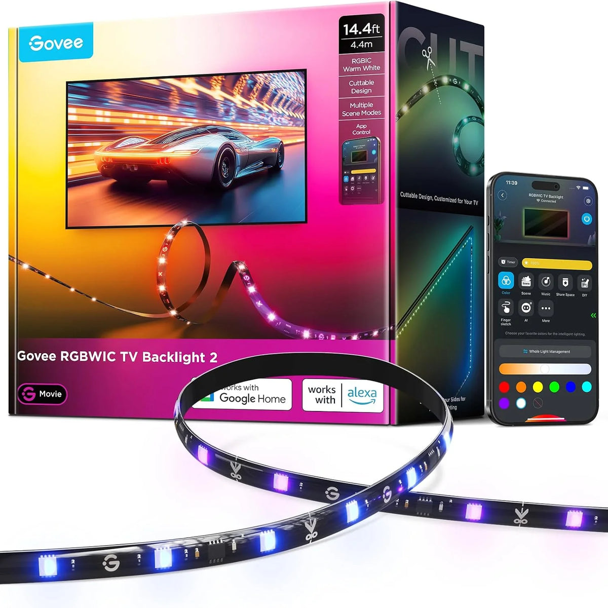 Govee TV LED Backlight 2, 18.4ft Cuttable TV Lights for 32-86 Inch TVs