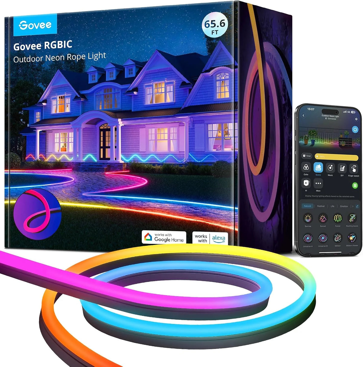 Govee Outdoor Neon Rope Lights, 32.8ft RGBIC IP67 Waterproof Patio Decorations with 64 Scene Modes, Music Sync, Flexible LED Outdoor Lights, Neon Lights Work with Alexa, Google Assistant