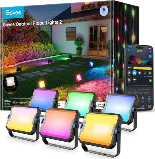 Govee Outdoor Flood Lights 2, RGBIC, IP66, Wired 6 Pack