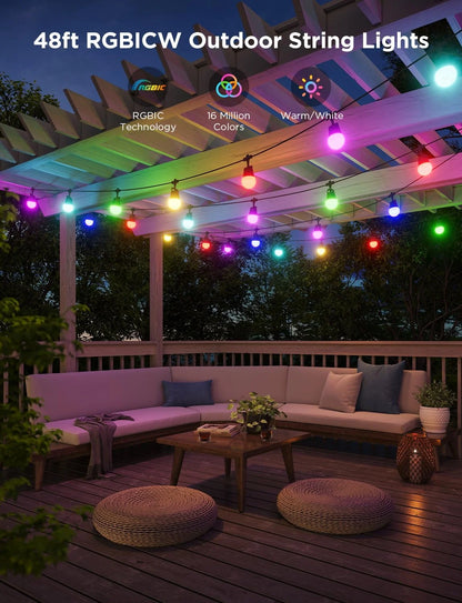 Govee Smart Outdoor String Lights 2, 48ft RGBIC Patio Lights with 15 Bulbs