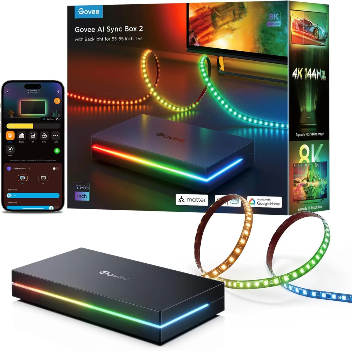 Govee HDMI 2.1 AI Sync Box 2, 8K/4K @144Hz, RGBWIC for 75-85 Inch TVs