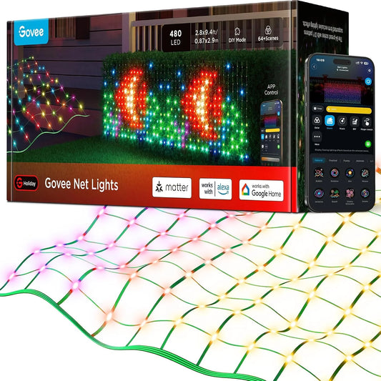 Govee Outdoor Net Lights, 2.8 * 9.4ft with RGBIC,DIY Functions and 480 LEDs