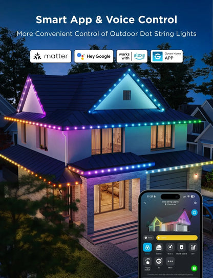 Govee Outdoor LED Strip Lights, 45 RGBIC LED Lights 100FT String Lights with 65 Scene Modes, Halloween Decoration Work with Alexa, Google, APP Control, IP65 Waterproof