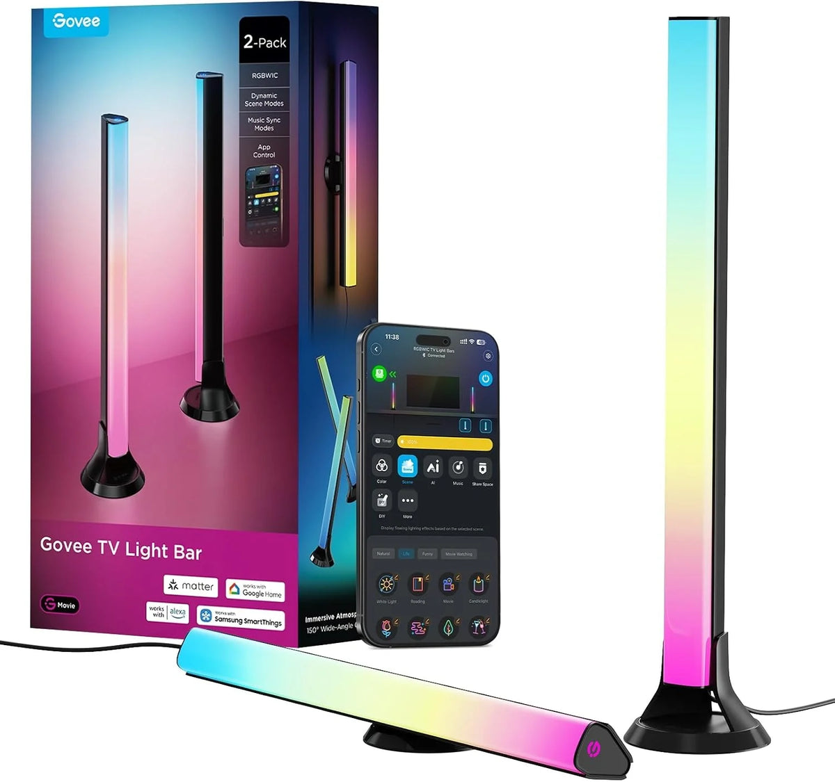 Govee RGBIC Light Bars, 15 Inches WiFi TV Lights for 45-70 inch TVs, White
