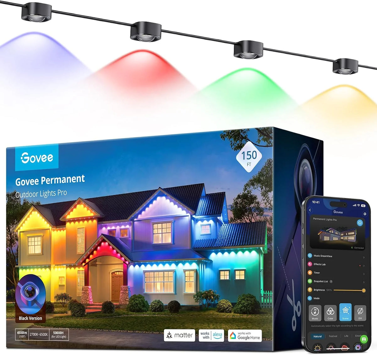 Govee Permanent Outdoor Lights Pro, 150ft with 90 RGBIC LED Lights for Daily and Accent Lighting, 75 Scene Modes for Outdoor Decor, IP67 Waterproof, Works with Alexa, Google Assistant, Matter, White