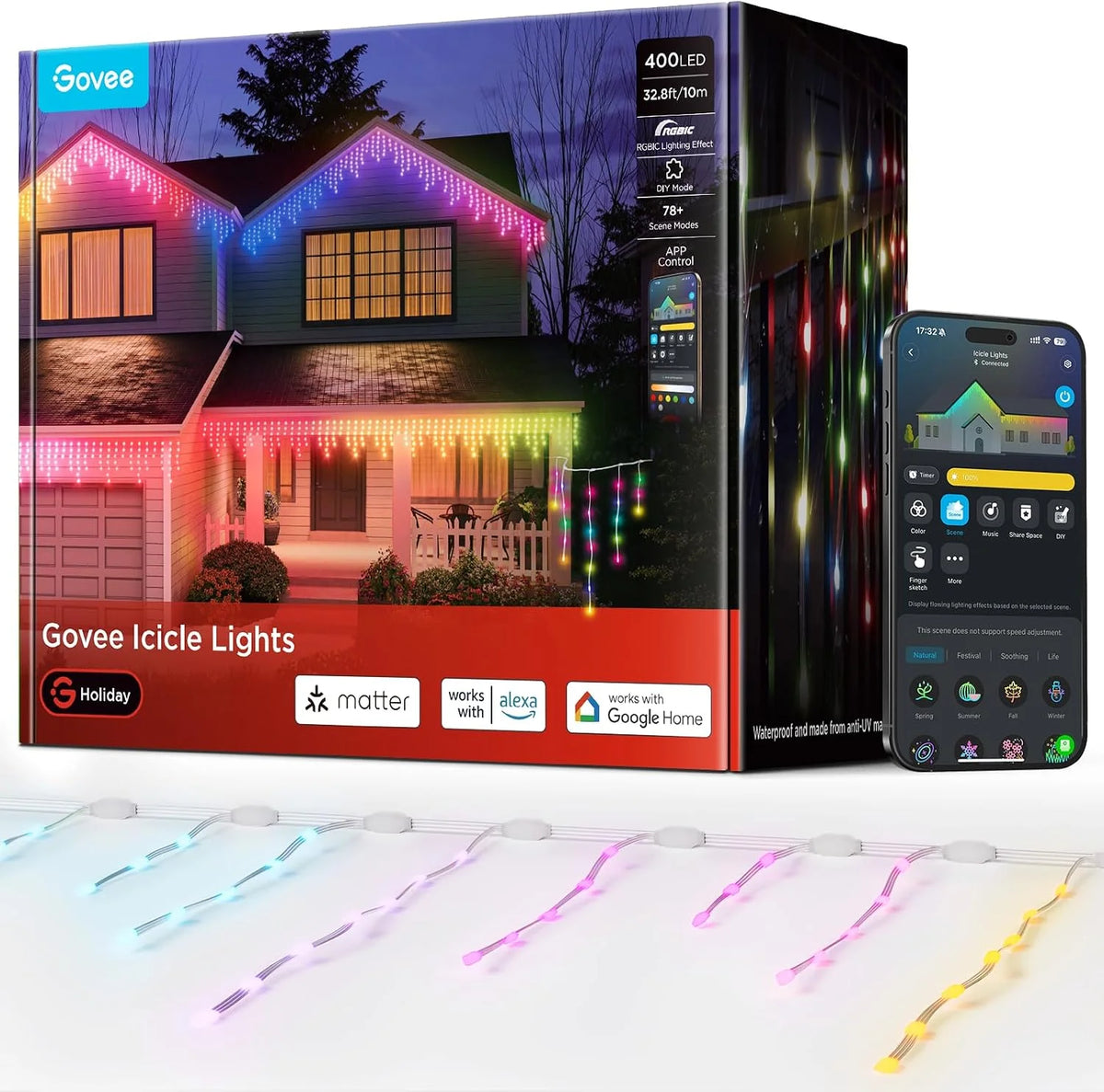 Govee Icicle Lights, Smart RGBIC Christmas Lights for Outside