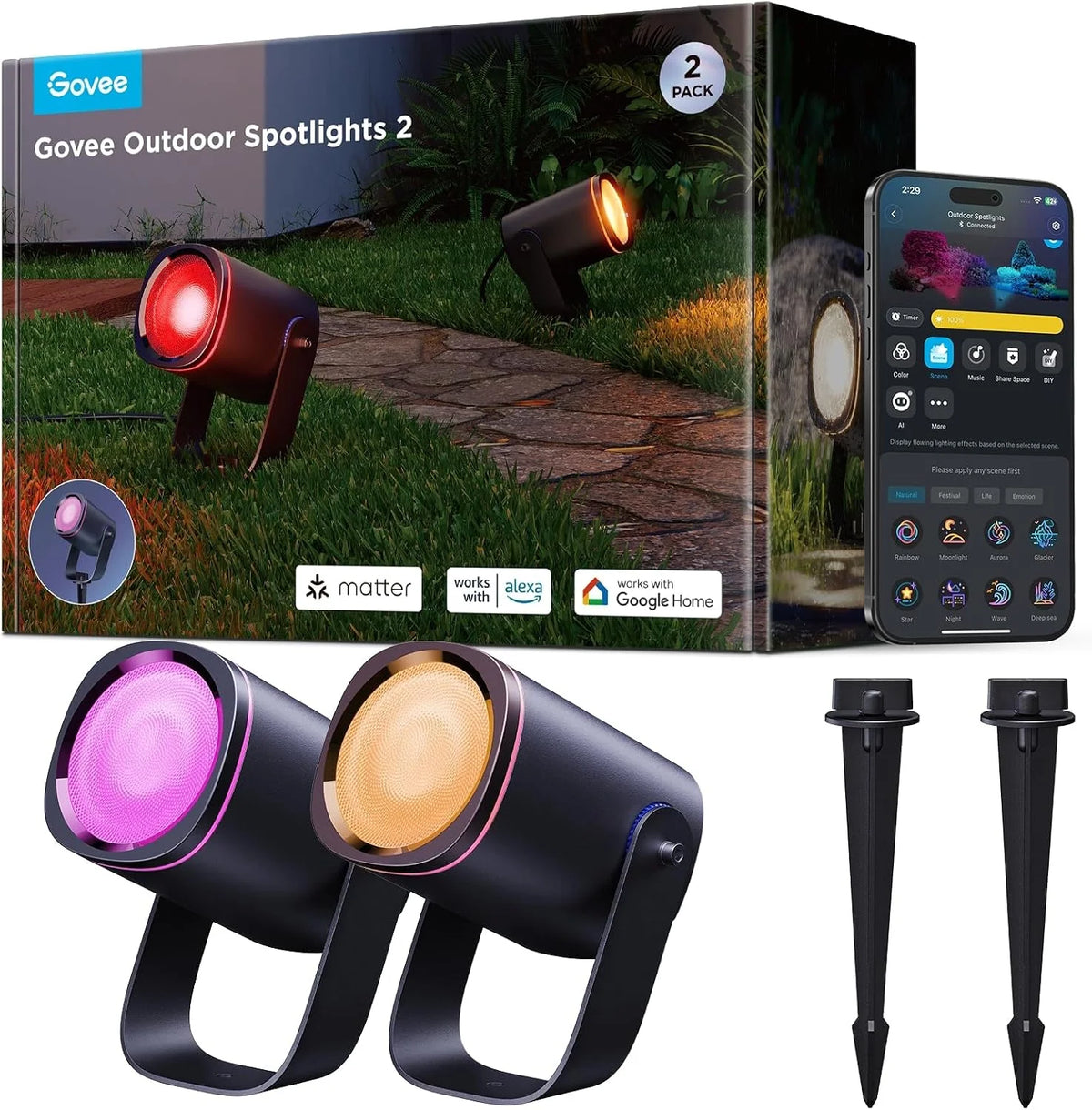 Govee Outdoor Spot Lights 2, IP67 Waterproof Spotlights, RGBWIC, 4 Pack